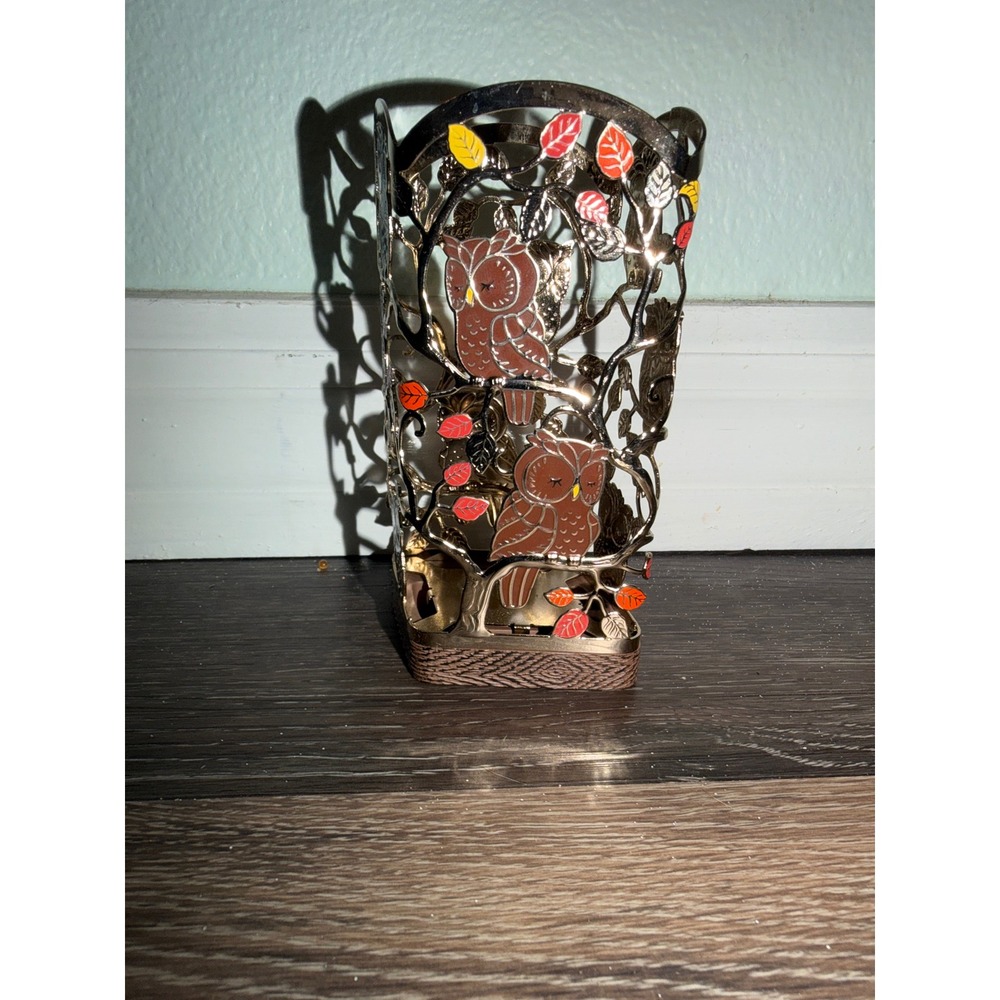 Bath and Body Works Soap Holder Owl Autumn Leaves Metal Decorative Sleeve
